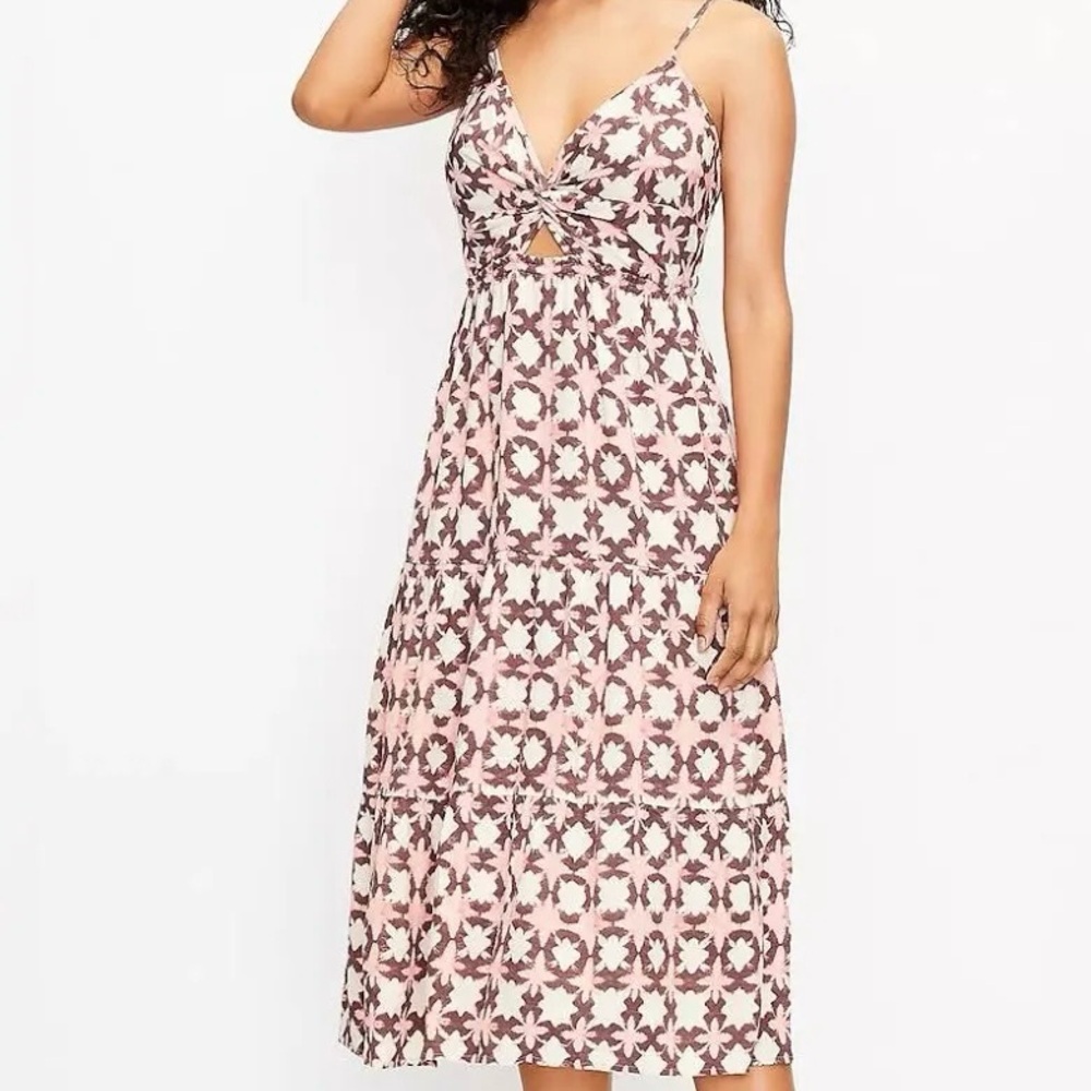 LOFT Brown and Pink Sun Wash Floral Twist Sleeveless Midi Dress | 6